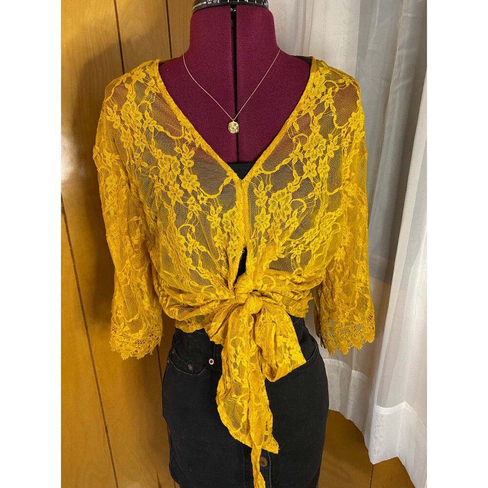 Polly And Esther Yellow Sheer Lace Multi Tie Top Small New